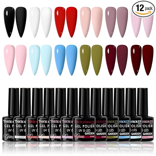 NP08 THR3E STROKES Gel Nail Polish Set, 12 Colors Purple Gel Polish Set Burgundy Red Nail Polish Soak Off Pink Nude Brown Nail Gifts for Women Girl DIY Salon Home Manicure (GARDEN SERIES) 7.5ML
