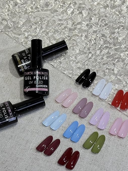 NP08 THR3E STROKES Gel Nail Polish Set, 12 Colors Purple Gel Polish Set Burgundy Red Nail Polish Soak Off Pink Nude Brown Nail Gifts for Women Girl DIY Salon Home Manicure (GARDEN SERIES) 7.5ML