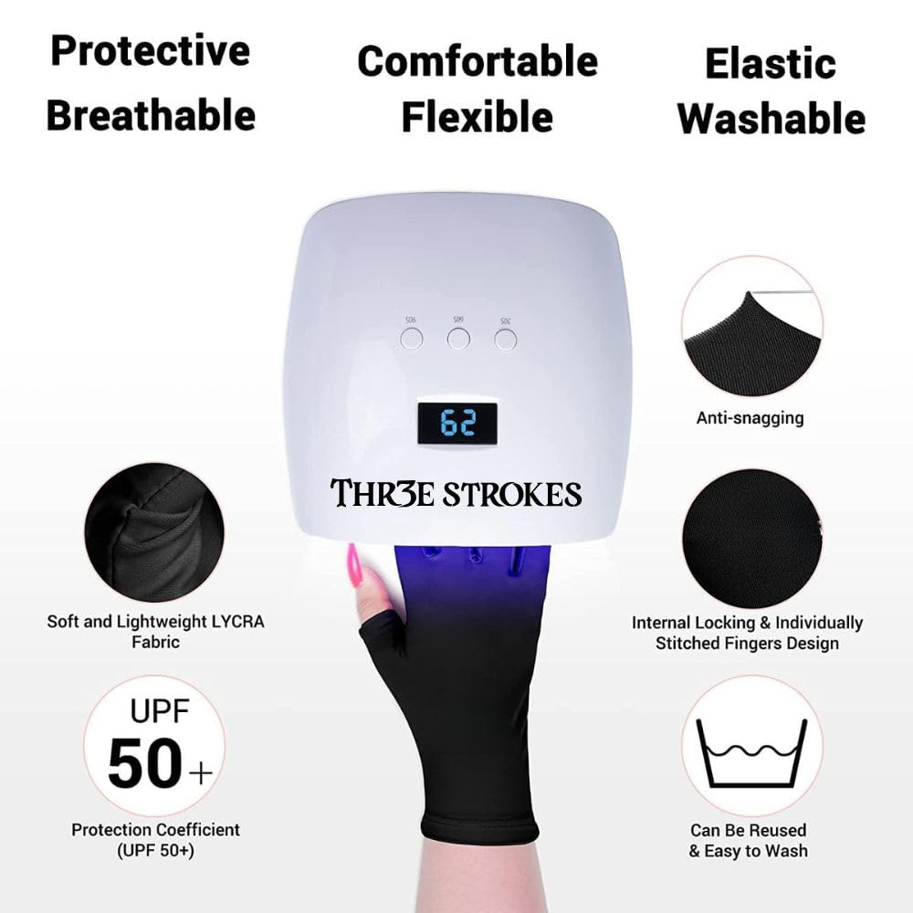 GV890 THR3E STROKES UV Gloves for Gel Nail Lamp, Professional UPF50+ UV Protection Gloves for Manicures, Art Skin Care Fingerless Glove for Women Men Protect Hands from Sun and Nail Dryer Harm (Black)