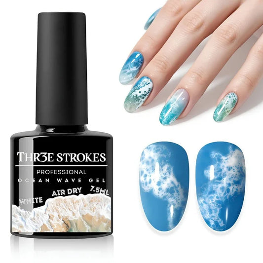 GV1129 THR3E STROKES Ocean Wave Blooming Gel Nail Polish 7.5ml, White Wave Blooming Liquid for Spreading Wave Effect, High Fluidity DIY Marble Nail Art, Use Over Uncured Base Gel