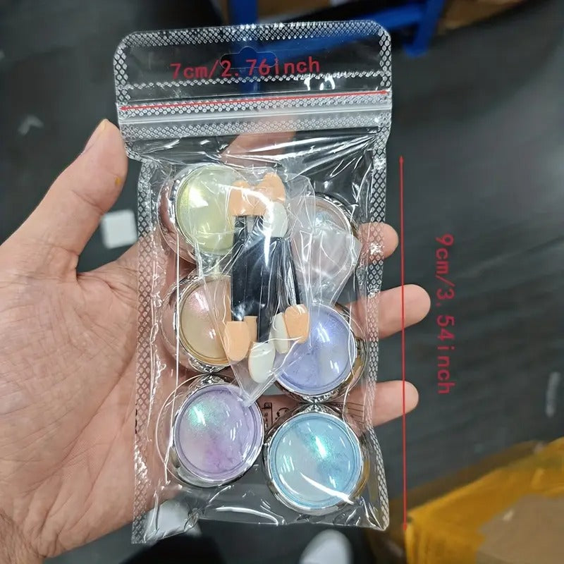 GV774 6pcs Iridescent Chrome Nail Powder Set with Applicator – Shimmer Pearl Mirror Pigment for Gel & Acrylic Nails (Each 0.5gm)