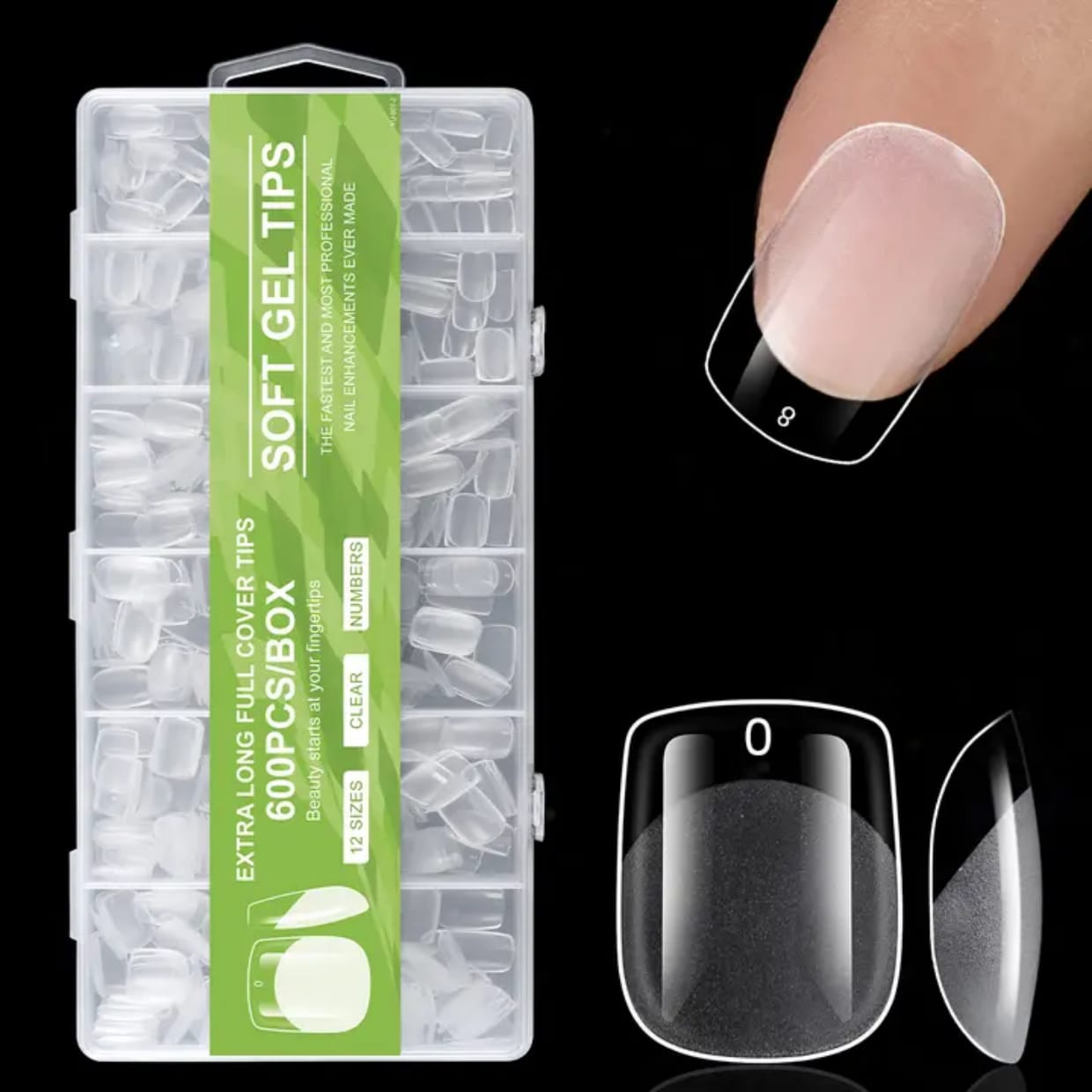 GV914 600pcs Soft Gel Nail Tips – Extra Long Full Cover Clear Nail Extensions, Pre-Shaped False Nails for Gel/Polygel/Acrylic (12 Sizes Box)