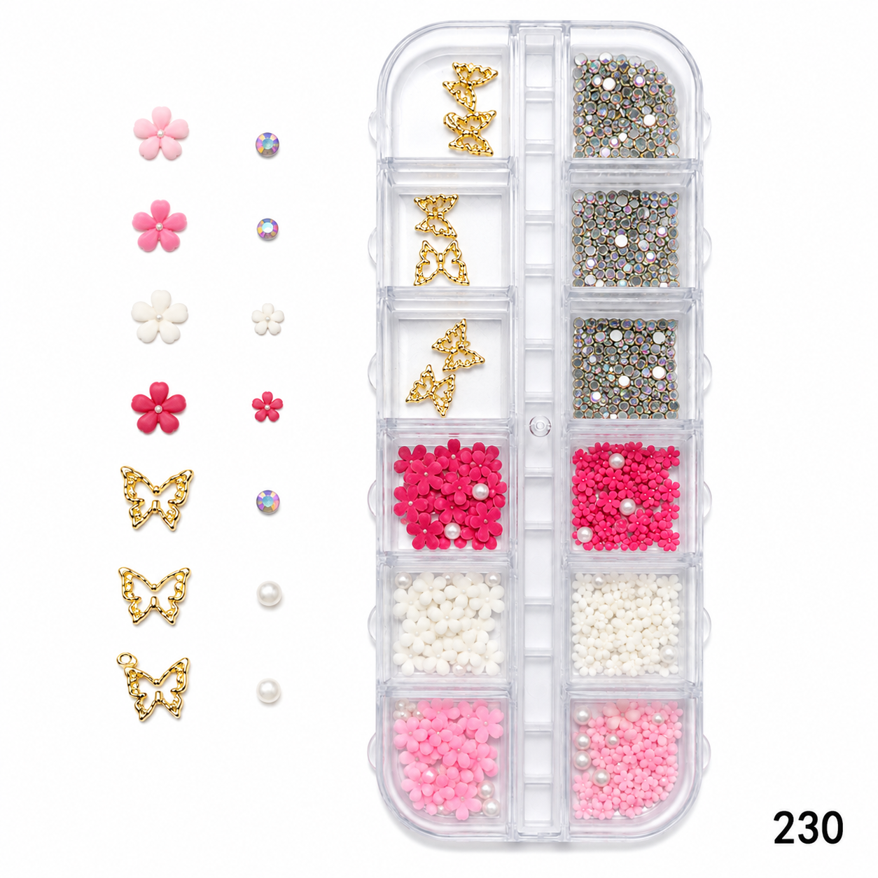 GV1125 12 Grid 3D Nail Art Charms & Rhinestone Decoration Kit – Gold Butterfly Frames, Flower Charms, AB Crystal Rhinestones, Pearl Beads & Flat Back Nail Decorations for Acrylic, Gel, Press-On & DIY Manicure (Set 230)