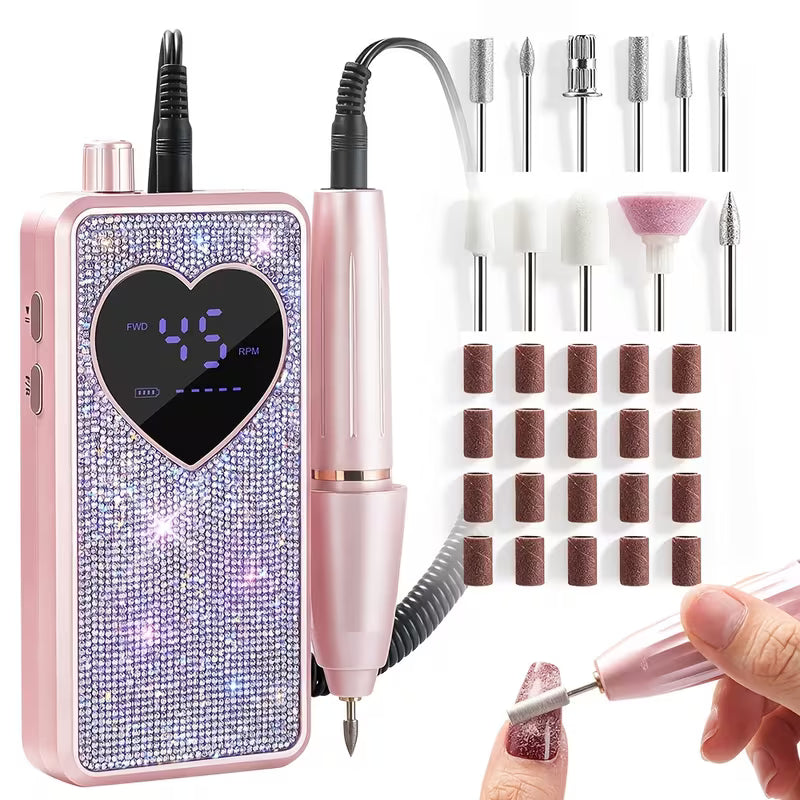GV1207 QUEEN FINGER Portable Rhinestone Electric Nail Drill Machine (45000 RPM) - Professional Rechargeable E-File with Heart-Shaped Digital Display, Speed Control Knob & Forward/Reverse Rotation for Acrylic, Gel Nails & Pedicure