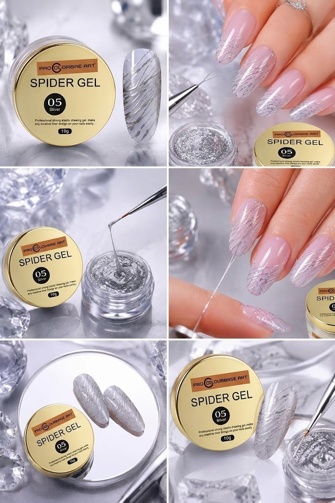 NP350 Pro Colorbae Art Spider Gel (10g, Shade 05 Silver) - Professional Strong Elastic Drawing Gel for Metallic Line Art & Geometric Nail Designs