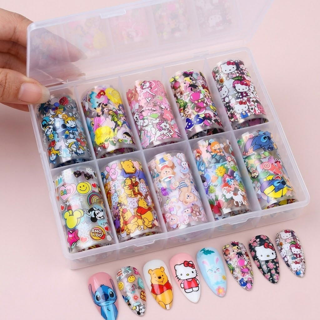GV724 10PCS Nail Art Transfer Foil Set – Colorful Design Nail Stickers for DIY Nail Art & Manicure Decoration
