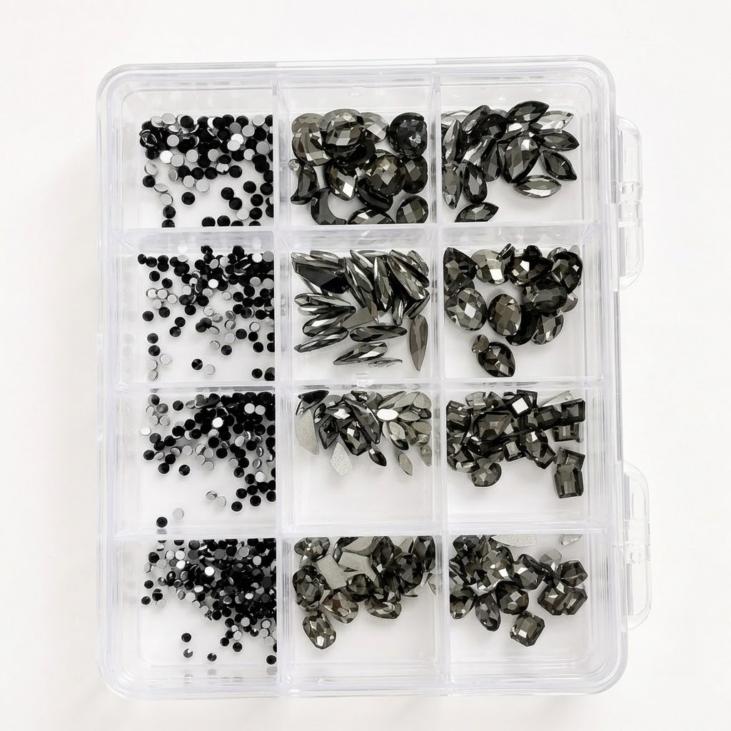 GV1153 12 Compartments Black & Silver Rhinestone Nail Art Decoration Set, Mixed Shapes & Sizes Crystal Nail Charms for Gel Nails, Acrylic Nails, Manicure & DIY Nail Art