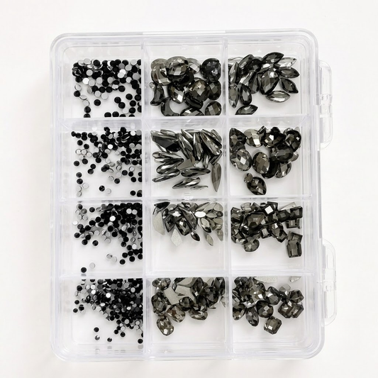 GV1153 12 Compartments Black & Silver Rhinestone Nail Art Decoration Set, Mixed Shapes & Sizes Crystal Nail Charms for Gel Nails, Acrylic Nails, Manicure & DIY Nail Art
