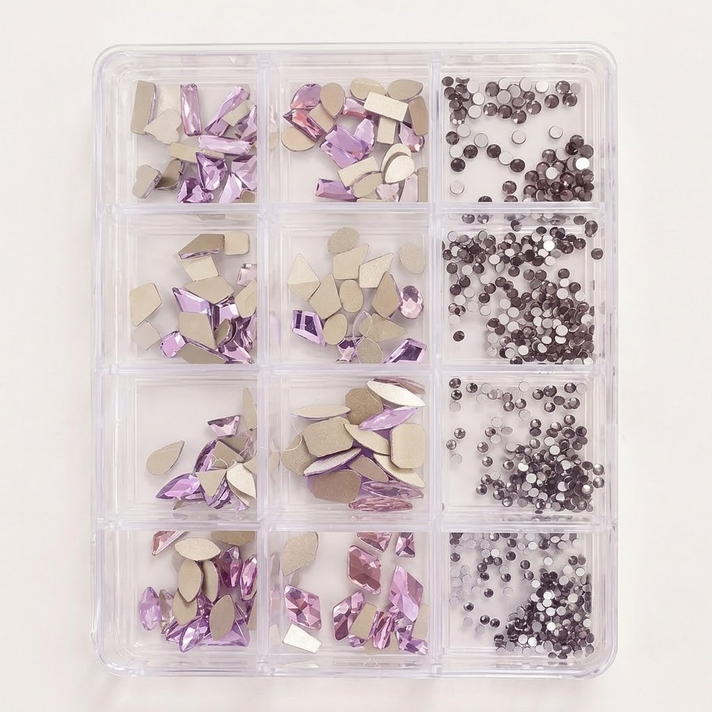 GV1150 12 Compartments Lavender Purple Rhinestone Nail Art Decoration Set, Mixed Shapes & Sizes Crystal Nail Charms for Gel Nails, Acrylic Nails, Manicure & DIY Nail Art