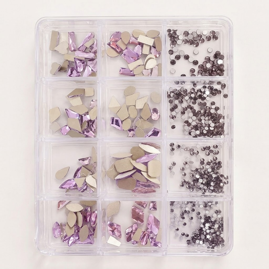 GV1150 12 Compartments Lavender Purple Rhinestone Nail Art Decoration Set, Mixed Shapes & Sizes Crystal Nail Charms for Gel Nails, Acrylic Nails, Manicure & DIY Nail Art