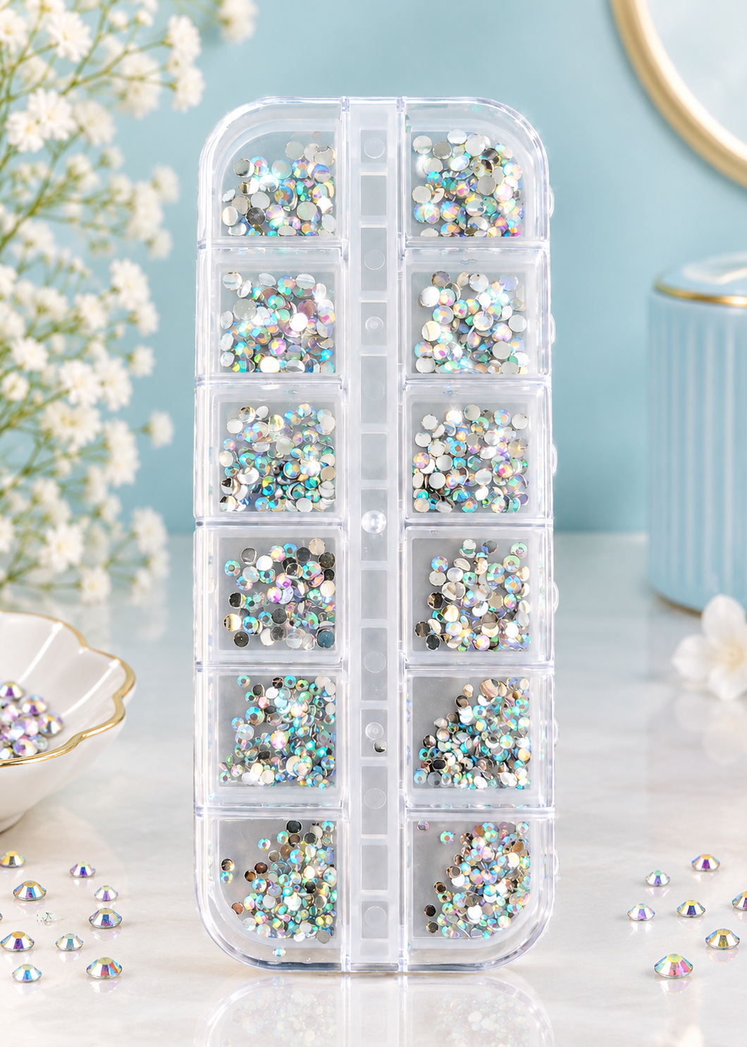 GV1221 12-Grid Crystal AB Mixed-Size Flatback Nail Art Rhinestones Kit – Iridescent Glass Nail Gems with Organizer Box