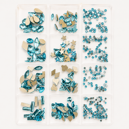 GV1148 12 Compartments Blue Rhinestone Nail Art Decoration Set, Mixed Shapes & Sizes Crystal Nail Charms for Manicure, Acrylic Nails, Gel Nails & DIY Nail Art