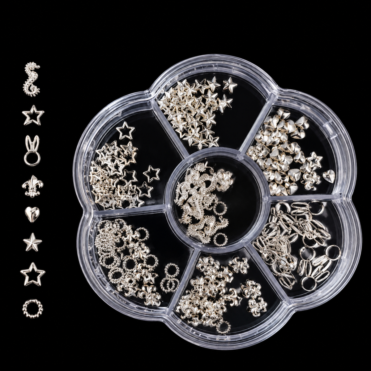 GV1213 3D Silver Alloy Nail Charms Set - 7-Grid Flower Case with Seahorse, Fleur-de-Lis, 3D Hearts, Bunny Ears, Beaded Rings & Star Charms for Gel & Acrylic Nails ( Design May Vary )