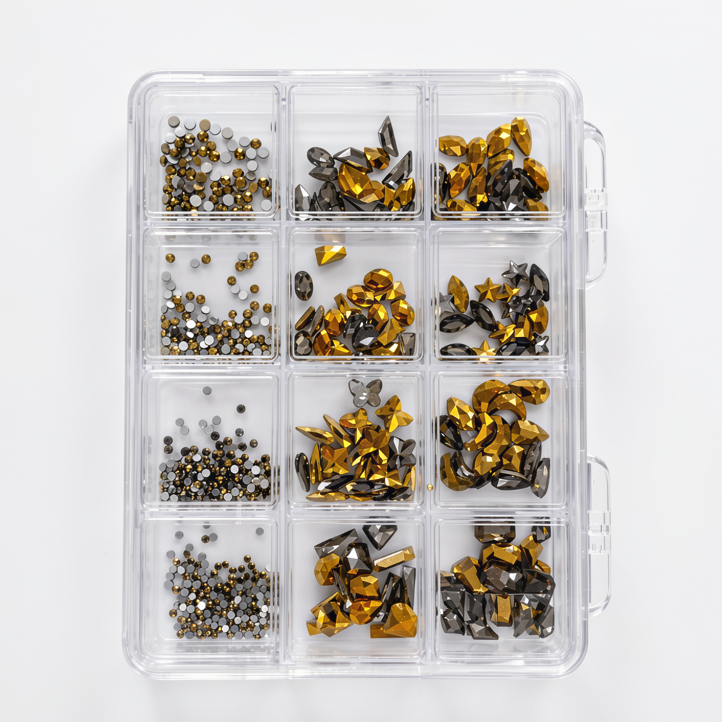 GV1152 12 Compartments Gold & Black Rhinestone Nail Art Decoration Set, Mixed Shapes & Sizes Crystal Nail Charms for Gel Nails, Acrylic Nails, Manicure & DIY Nail Art