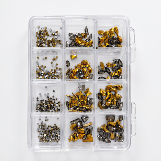GV1152 12 Compartments Gold & Black Rhinestone Nail Art Decoration Set, Mixed Shapes & Sizes Crystal Nail Charms for Gel Nails, Acrylic Nails, Manicure & DIY Nail Art