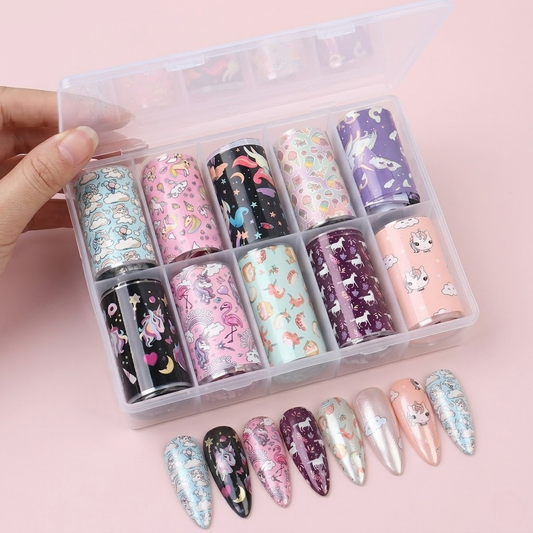 GV917 10pcs Unicorn Nail Foil Transfer Set – Cute Cartoon Rainbow & Princess Nail Art Foils with Storage Box for Gel Polish & DIY Manicure