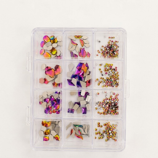 GV1160 12 Compartments AB Colorful Rhinestone Nail Art Decoration Set, Mixed Shapes & Sizes, Crystal Nail Charms for Gel Nails, Acrylic Nails, Manicure & DIY Nail Art