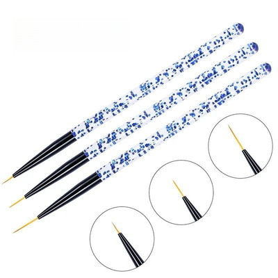 NP162 3-Piece Ultra-Fine Nail Art Liner Brush Set - Micro Tip Striping & Detailing Brushes - Blue Glitter Handle