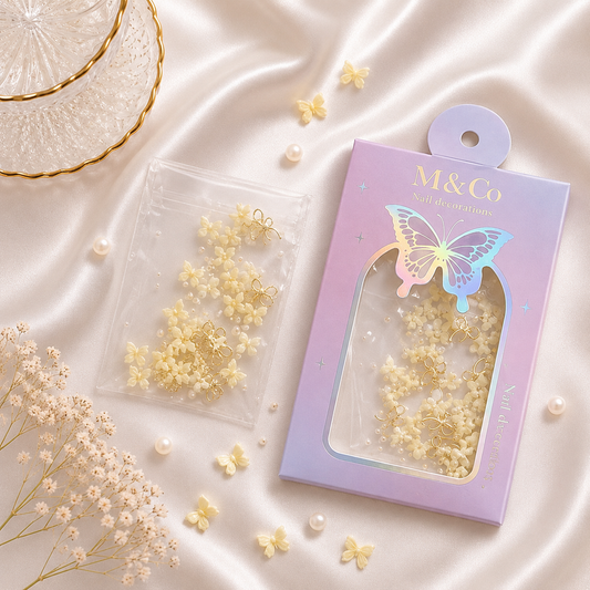 GV1115 M&Co 3D Cream Butterfly Nail Art Decorations Set – Mixed Sizes, Caviar Pearls, and Gold Wire Bows