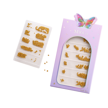 GV1111 M&CO Gold Metallic Caviar Beads Set for 3D Nail Art – Mixed Size Gold Micro-Beads in Elegant Packaging for Professional & DIY Manicure
