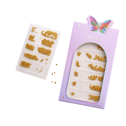 GV1111 M&CO Gold Metallic Caviar Beads Set for 3D Nail Art – Mixed Size Gold Micro-Beads in Elegant Packaging for Professional & DIY Manicure