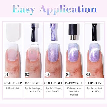 GV830 THR3E STROKES Cat Eye Gel Nail Polish Set for Pink Brown Glitter Holographic Cat Eye, Salon Gel Manicure and Nail Art DIY at Home, Bright Moonlight (AURORA)