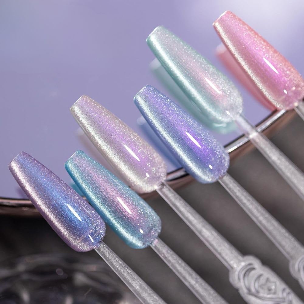 GV830 THR3E STROKES Cat Eye Gel Nail Polish Set for Pink Brown Glitter Holographic Cat Eye, Salon Gel Manicure and Nail Art DIY at Home, Bright Moonlight (AURORA)