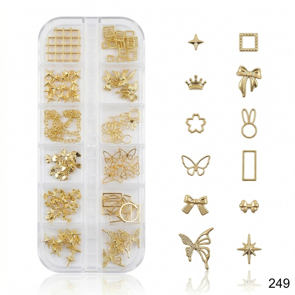 GV647 Gold Nail Charms Set – Butterflies, Bows, Crowns, Bunny Ears & Stars (Set 249 , Design May Vary)