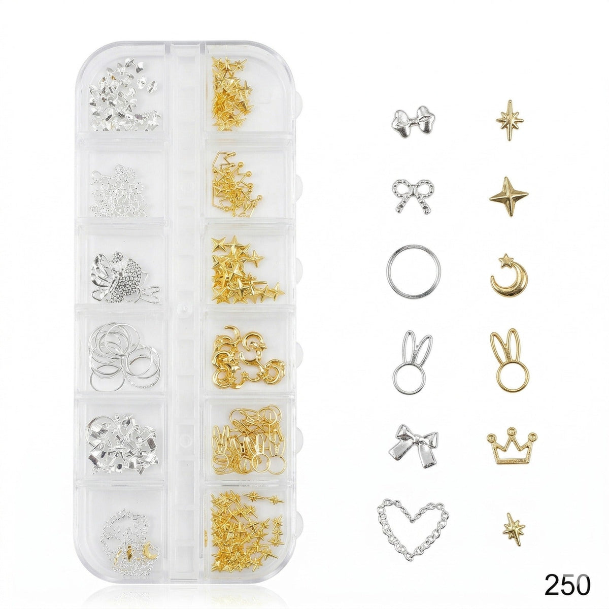 GV646 Gold & Silver Nail Charms Set – Stars, Moons, Crowns, Bows & Bunny Designs (Set 250 , Design May Vary)
