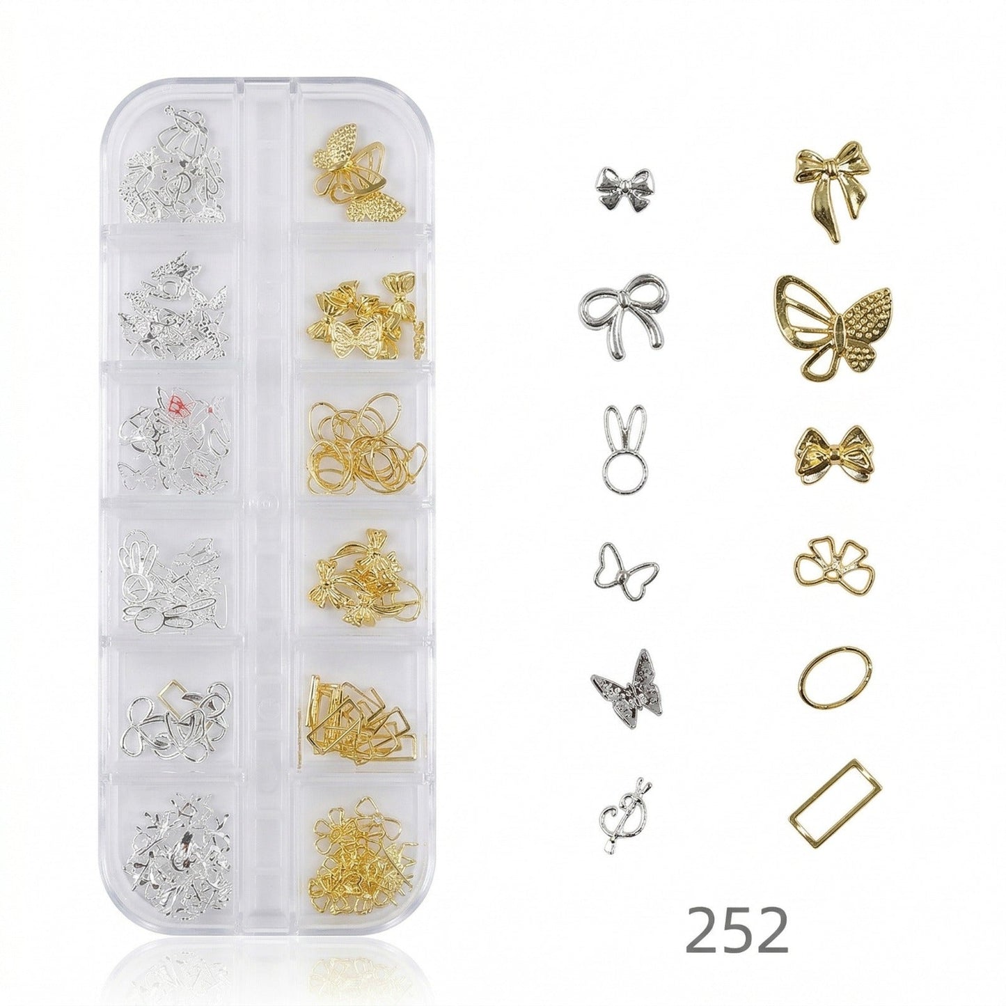 GV648 Silver & Gold Nail Charms Set – Bows, Butterflies, Bunny Ears & Frames (252)