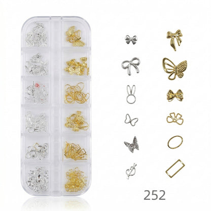 GV648 Silver & Gold Nail Charms Set – Bows, Butterflies, Bunny Ears & Frames (252)