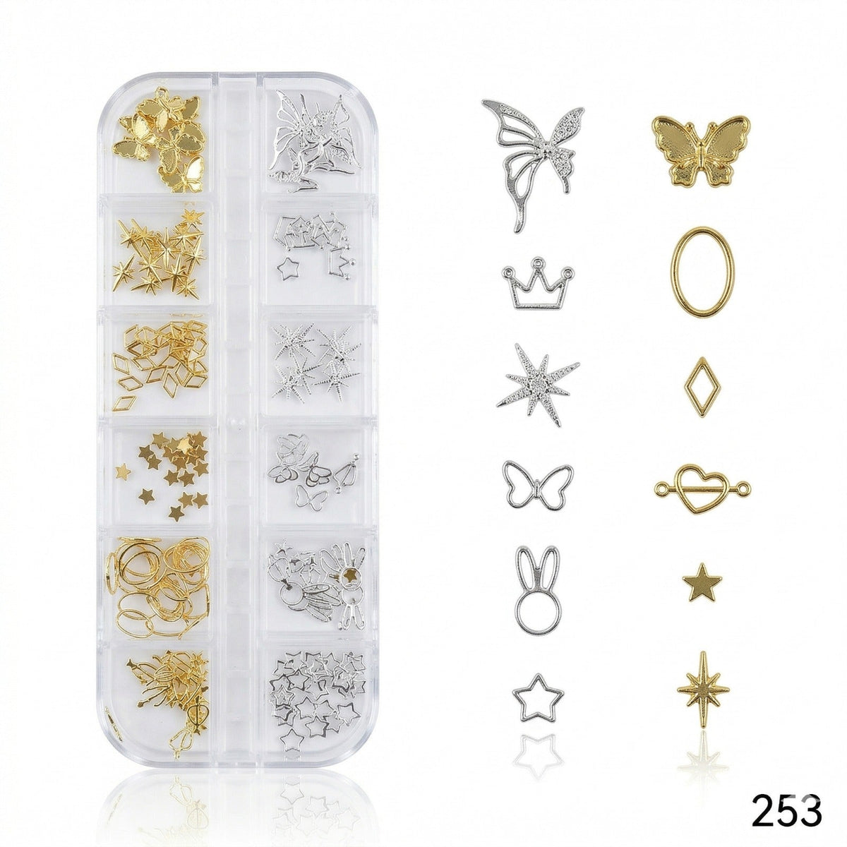 GV649 Silver & Gold Nail Charms Set – Stars, Crowns, Butterflies & Frames (Set 253 , Design May Vary)