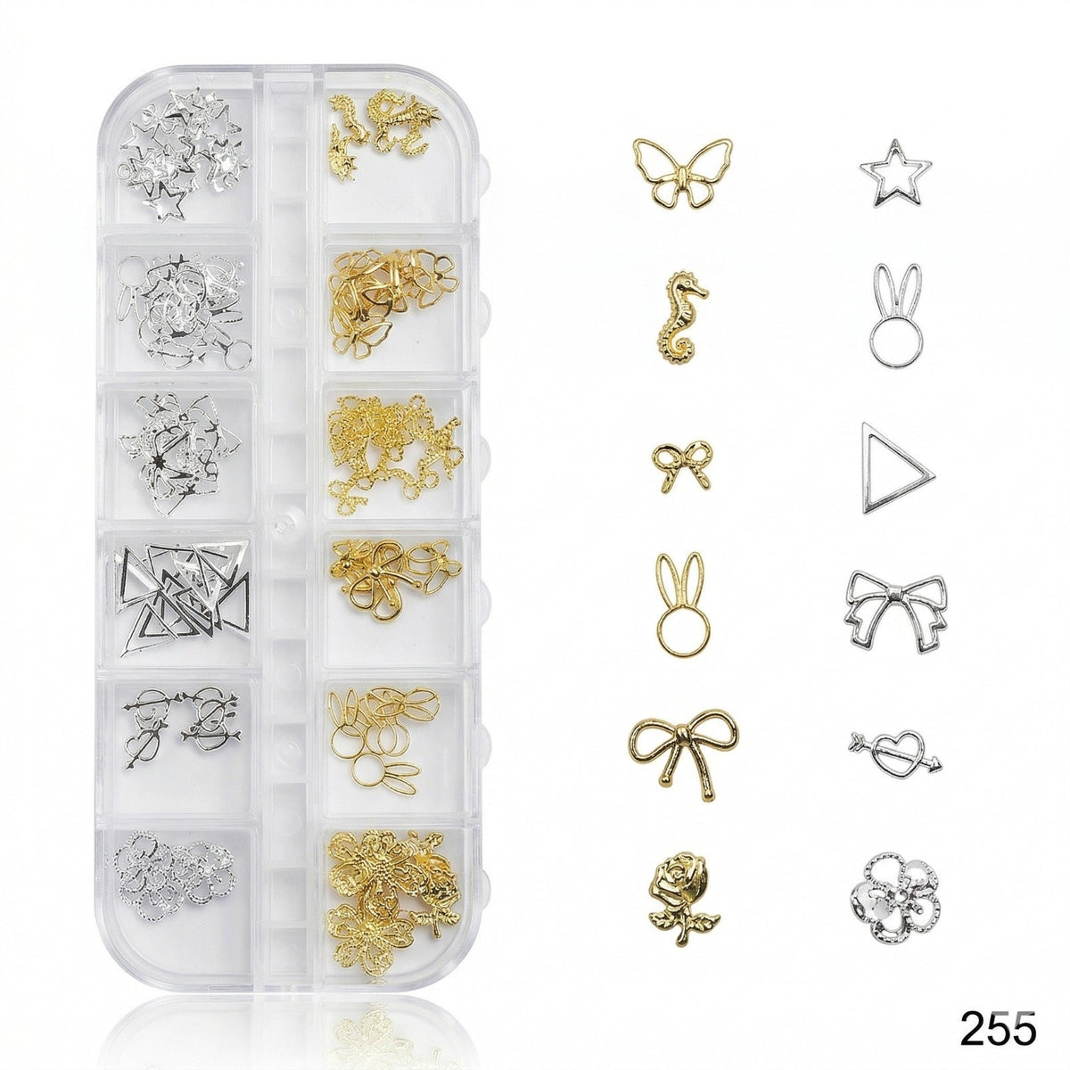 GV640 Gold & Silver Nail Charms Set – Seahorse, Bunny, Rose & Bow Designs (Set 255 , Design May Vary)