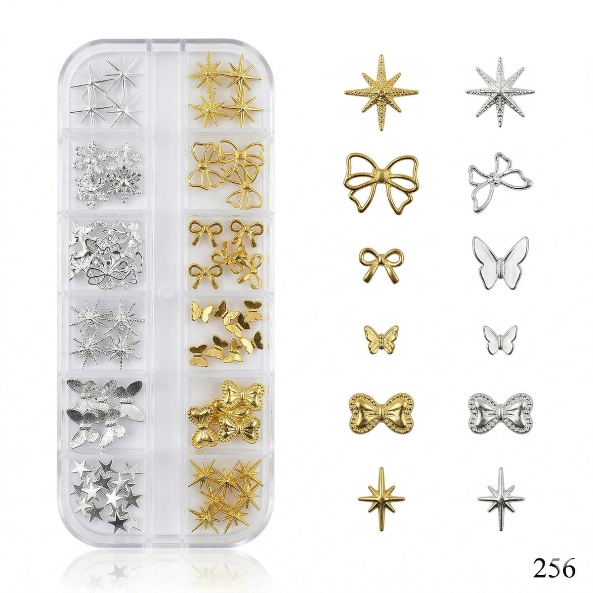 GV643 12 Grid Gold & Silver Nail Art Charms Set – 3D Metal Nail Decoration Box (Set 256 , Design May Vary)