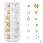 GV651 Gold and Silver Metal Nail Art Charms Assortment Kit - 12-Section Organizer with Stars, Bows, Butterflies, Hearts & More (Set 258 , Design May Vary)