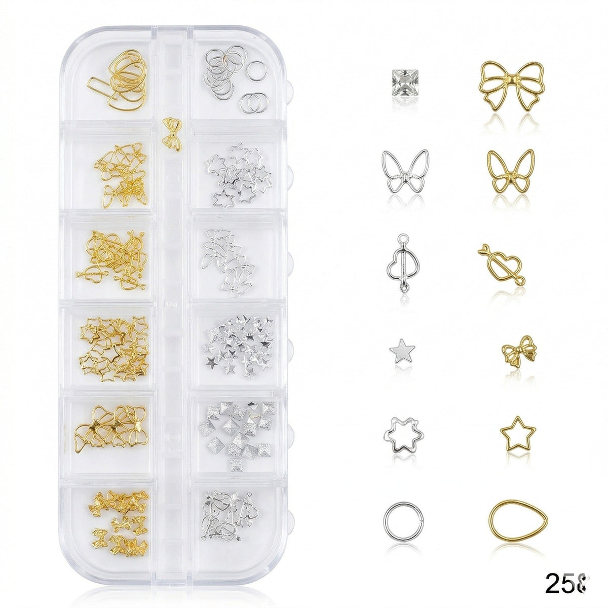 GV651 Gold and Silver Metal Nail Art Charms Assortment Kit - 12-Section Organizer with Stars, Bows, Butterflies, Hearts & More (Set 258 , Design May Vary)