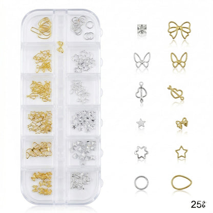GV651 Gold and Silver Metal Nail Art Charms Assortment Kit - 12-Section Organizer with Stars, Bows, Butterflies, Hearts & More (258)