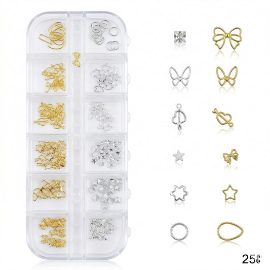 GV651 Gold and Silver Metal Nail Art Charms Assortment Kit - 12-Section Organizer with Stars, Bows, Butterflies, Hearts & More (258)