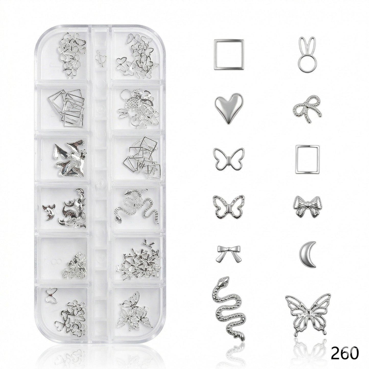 GV637 Silver Nail Charms Set – Butterfly, Snake, Heart, Moon & Bow Designs (260)