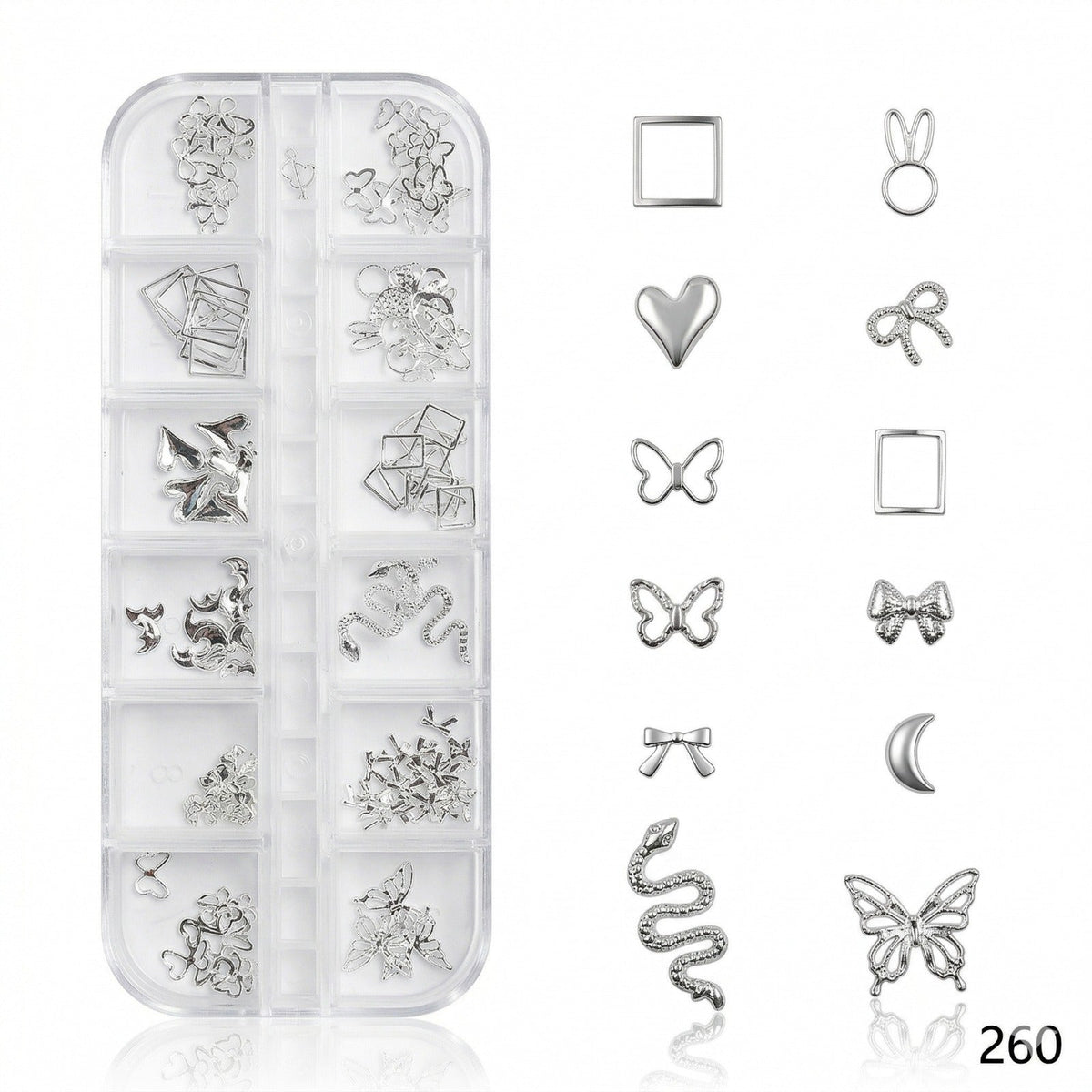 GV637 Silver Nail Charms Set – Butterfly, Snake, Heart, Moon & Bow Designs (Set 260 , Design May Vary)