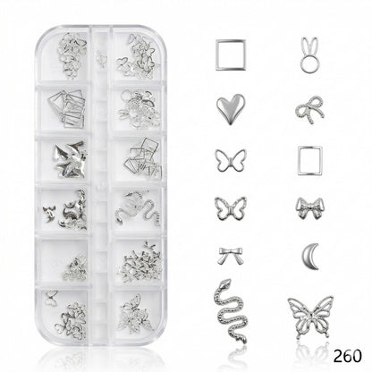 GV637 Silver Nail Charms Set – Butterfly, Snake, Heart, Moon & Bow Designs (260)