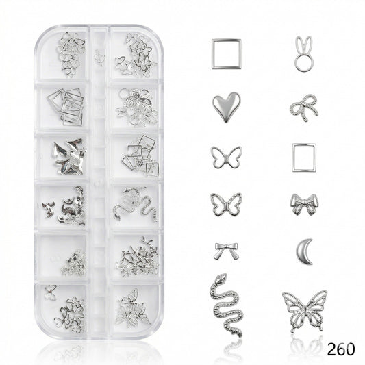 GV637 Silver Nail Charms Set – Butterfly, Snake, Heart, Moon & Bow Designs (260)