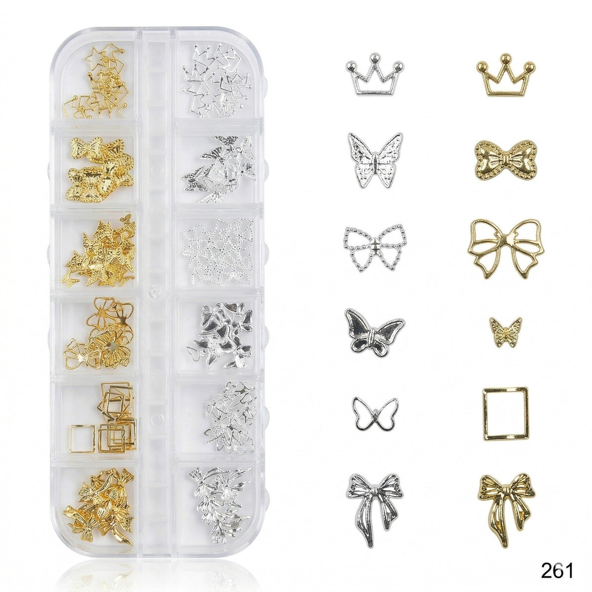 GV656 3D Metallic Nail Art Decorations – Bows, Crowns & Butterflies Box (Set 261 ,Design May Vary)