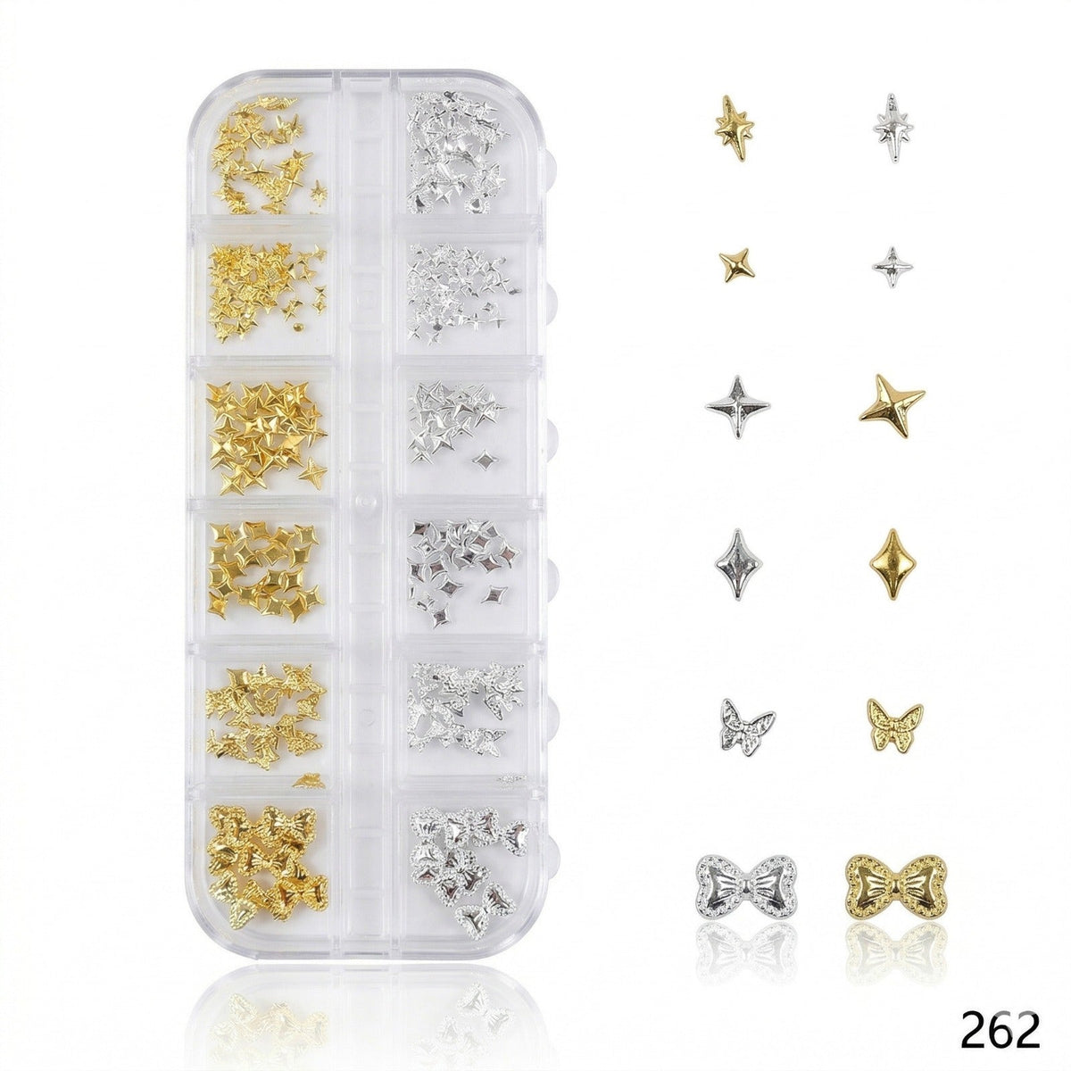 GV650 Silver & Gold Nail Charms Set – Stars, Bows, Butterflies & Geometric Mix (Set 262 , Design May Vary)