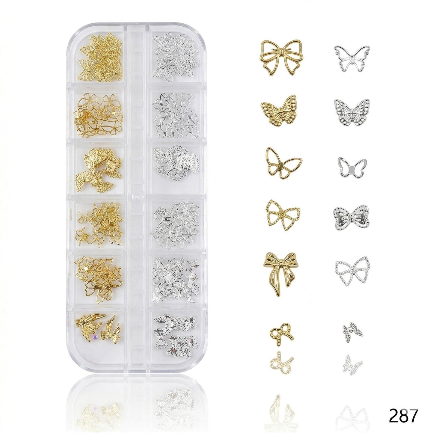 GV653 12 Grid Gold & Silver Butterfly Bow Nail Charms Set – 3D Nail Art Decoration Box (287)