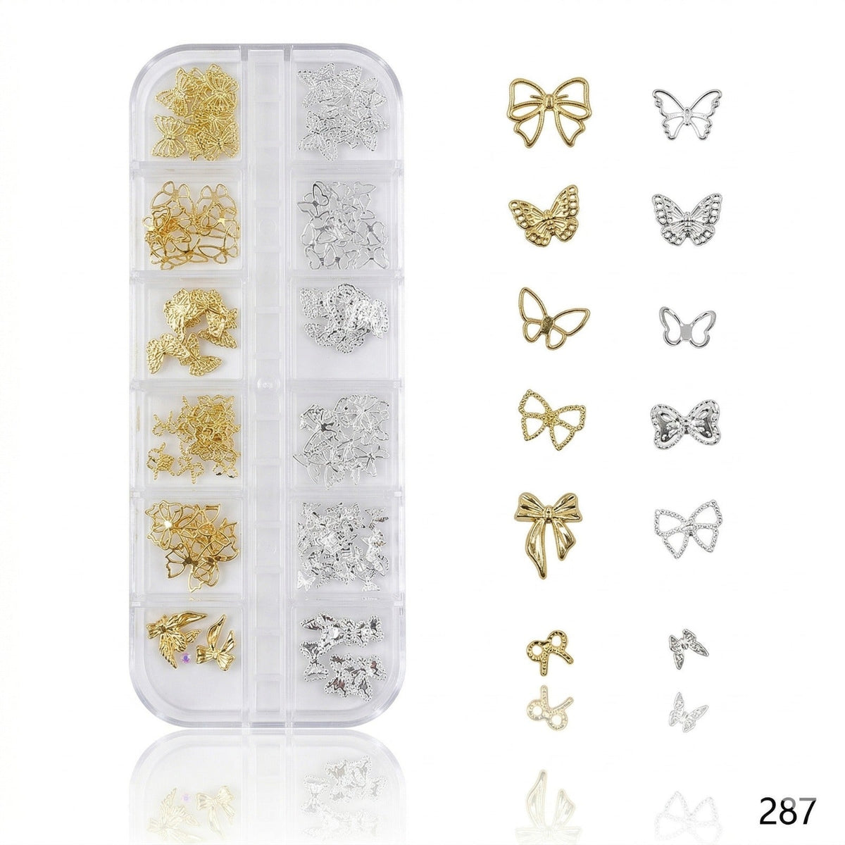 GV653 12 Grid Gold & Silver Butterfly Bow Nail Charms Set – 3D Nail Art Decoration Box (Set 287 , Design May Vary)