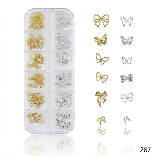 GV653 12 Grid Gold & Silver Butterfly Bow Nail Charms Set – 3D Nail Art Decoration Box (287)