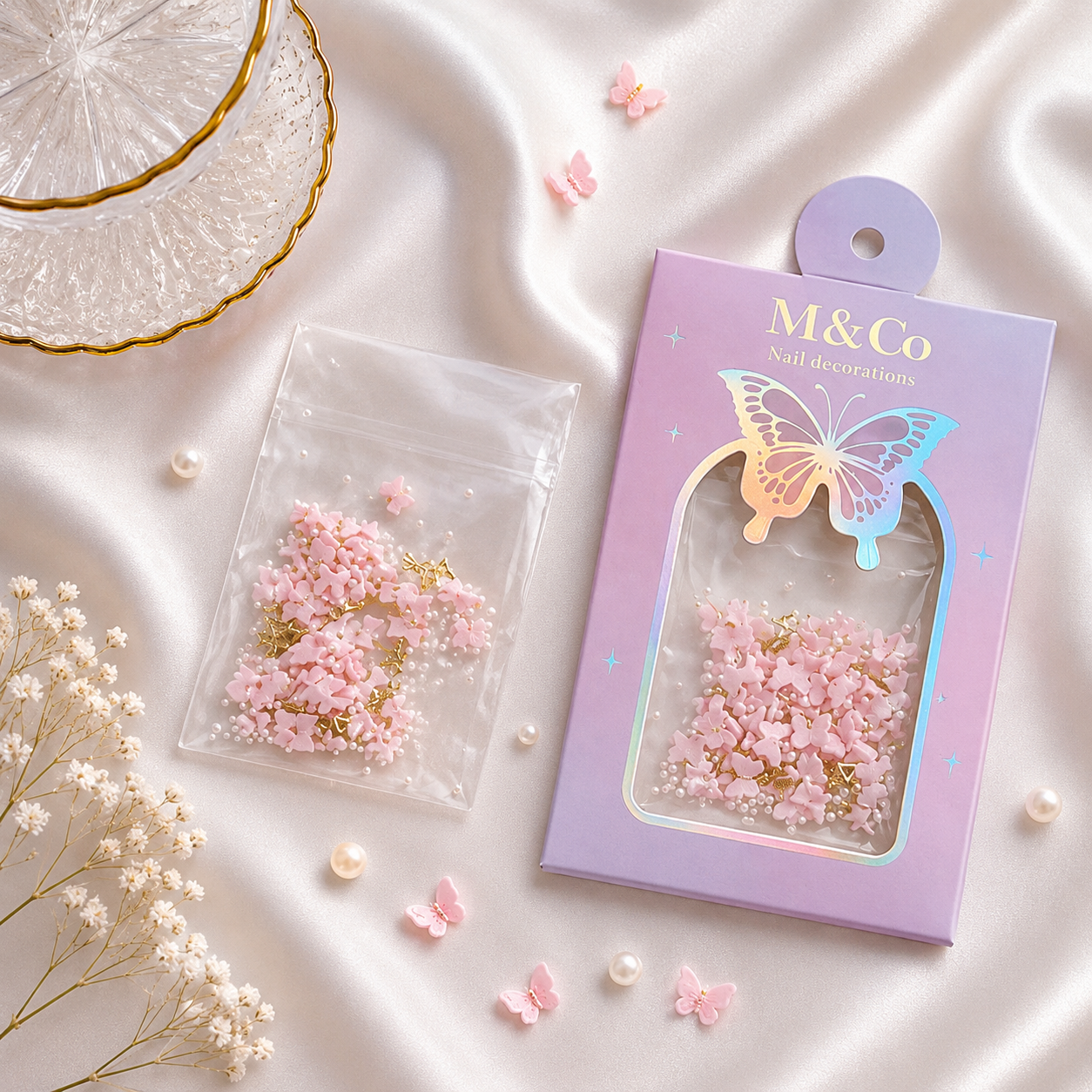 GV1114 M&Co 3D Pink Butterfly Nail Art Decorations Set – Mixed Sizes, Caviar Pearls, and Gold Accents
