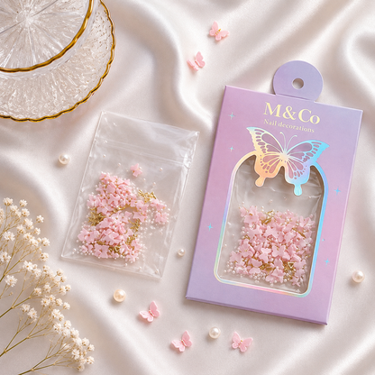 GV1114 M&Co 3D Pink Butterfly Nail Art Decorations Set – Mixed Sizes, Caviar Pearls, and Gold Accents
