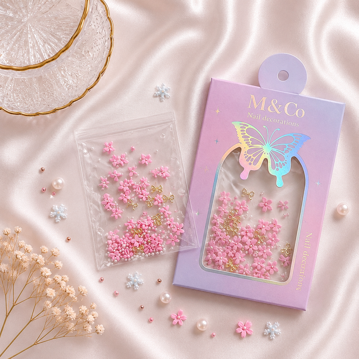 GV1117 M&Co 3D Pink Floral Nail Art Decorations Set – Five-Petal Flowers, Caviar Pearls, and Gold Bows